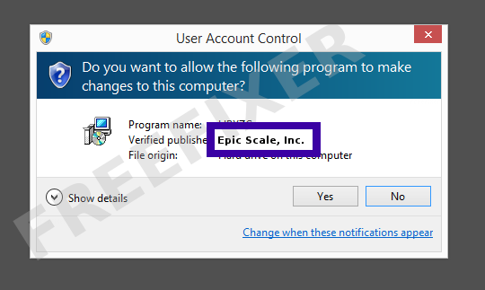 Screenshot where Epic Scale, Inc. appears as the verified publisher in the UAC dialog